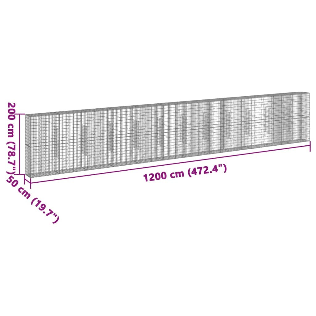 vidaXL Coș gabion cu capac, 1200x50x200 cm, fier galvanizat