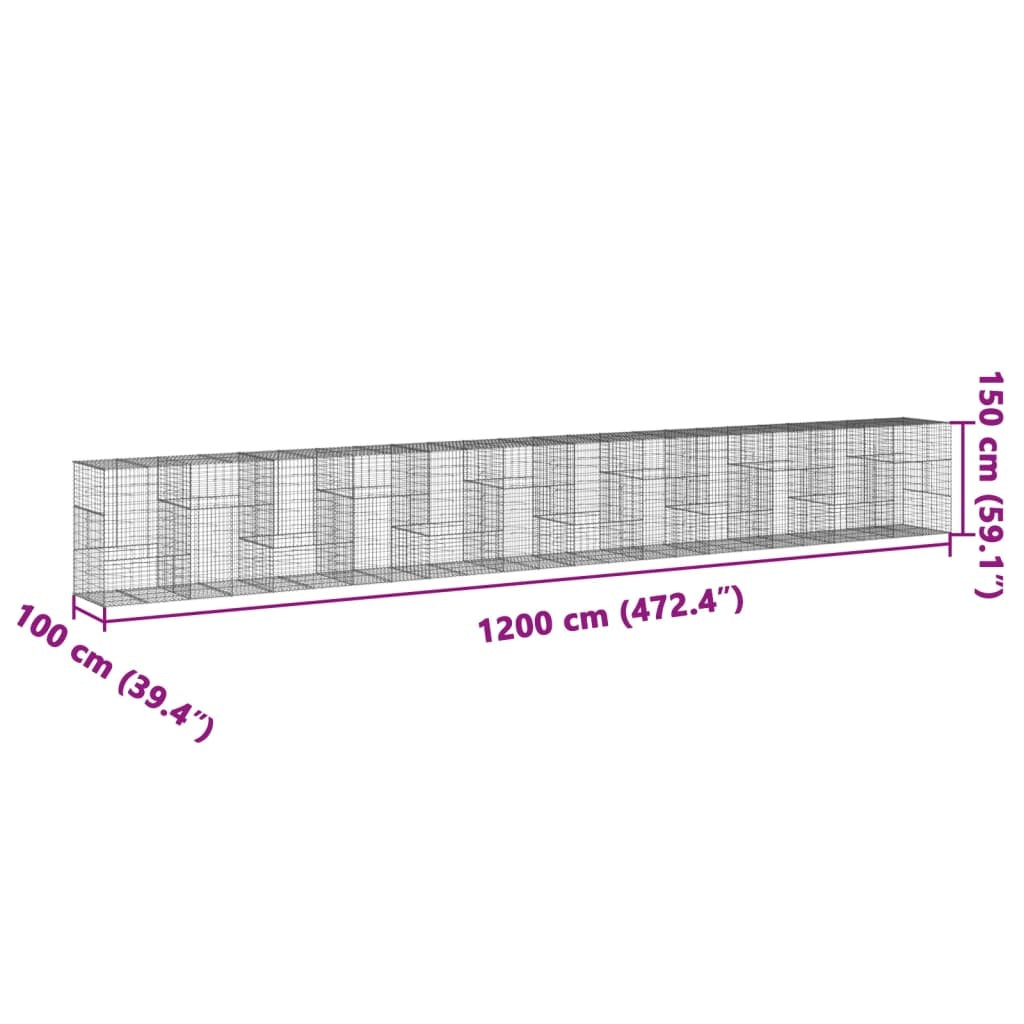 vidaXL Coș gabion cu capac, 1200x100x150 cm, fier galvanizat