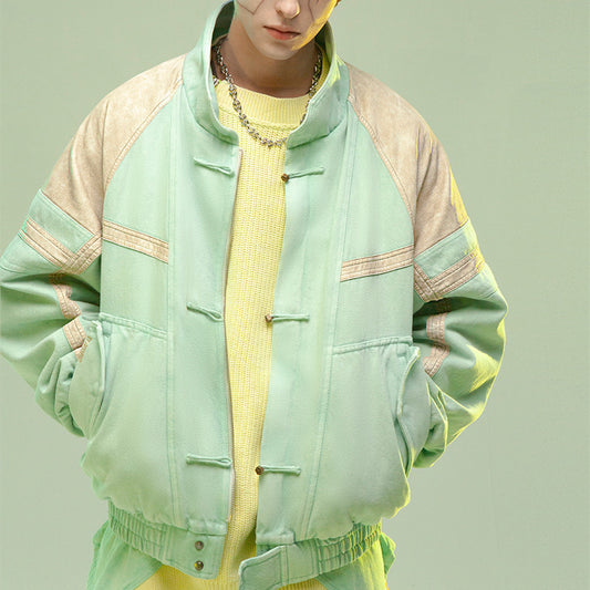 Chinese Style Leather Patchwork Washed Thickened Short Jacket
