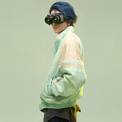 Chinese Style Leather Patchwork Washed Thickened Short Jacket