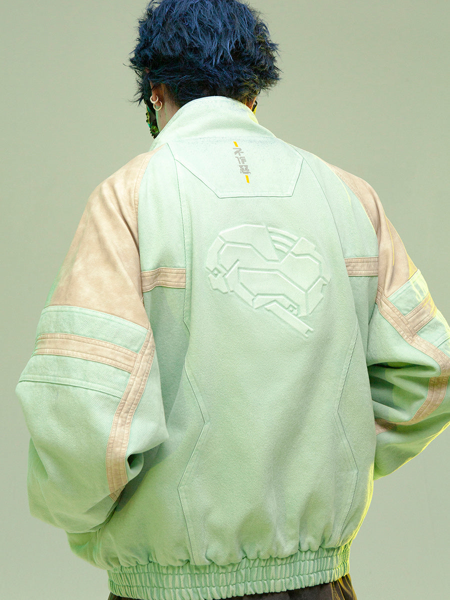 Chinese Style Leather Patchwork Washed Thickened Short Jacket