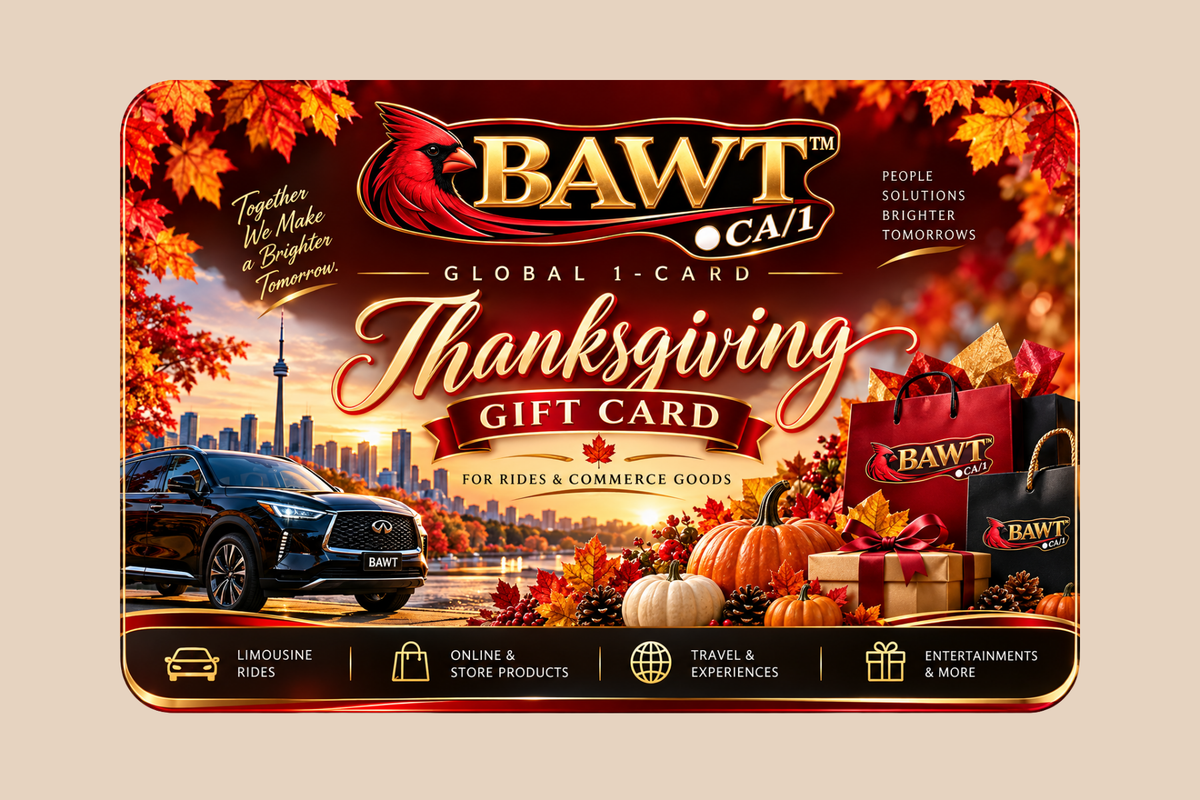 A BAWT.CA1 Thanksgiving Gift Card featuring a festive autumn design with red cardinal bird logo, orange maple leaves, pumpkins, BAWT branded shopping bags, and a city skyline. The card includes BAWT branding and icons for services like limousine rides, online store products, travel, and entertainment.