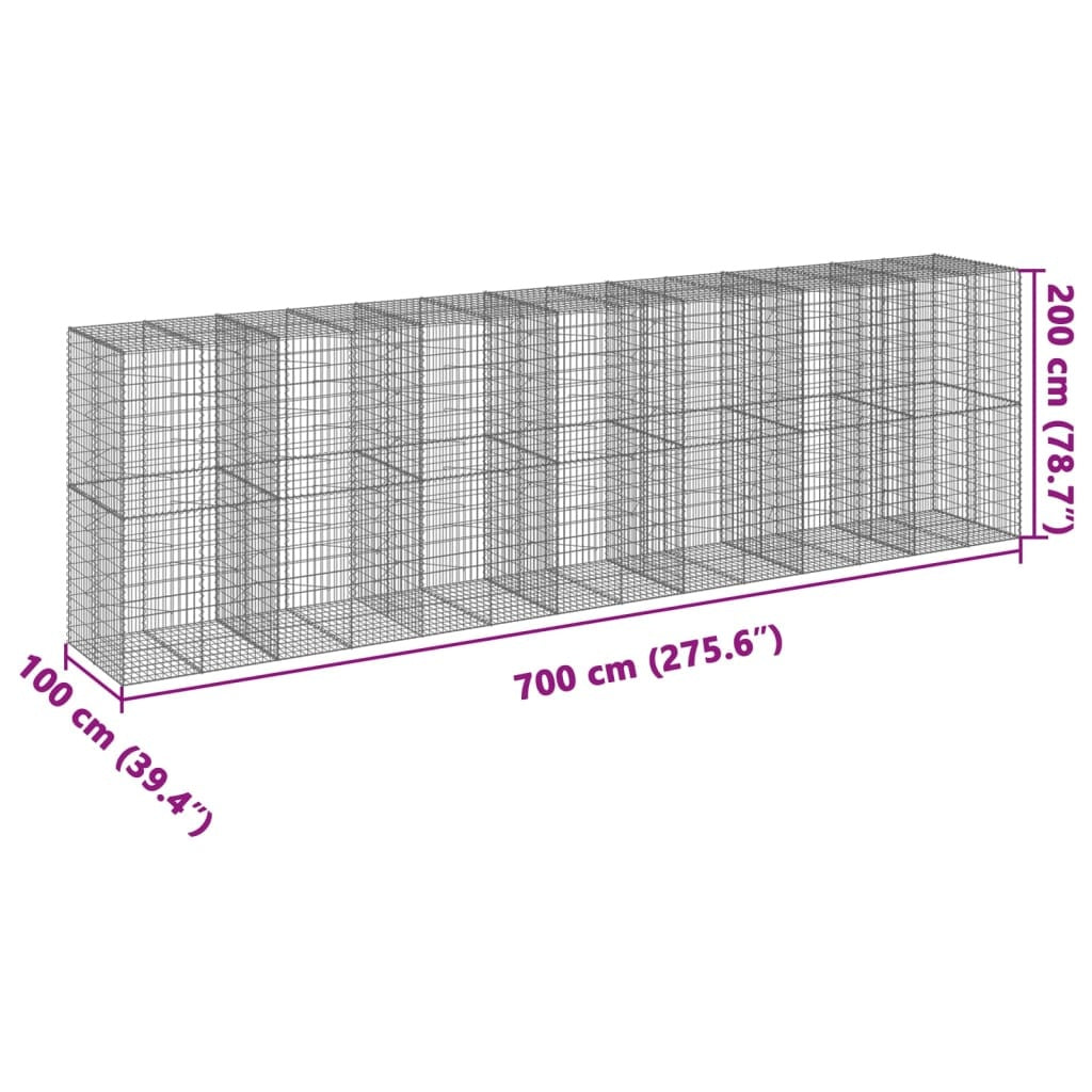 vidaXL Coș gabion cu capac, 700x100x200 cm, fier galvanizat